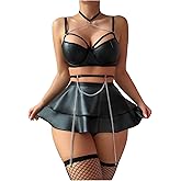 WDIRARA Women's PU Leather Buckled Halter Backless Bralette and Skirt Lingerie Set