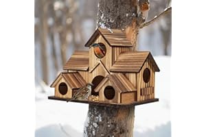 GLOPHOK Bird Houses for Outside, Outdoor 5-Hole Birdhouse for Bluebirds, Finches, Cardinals and Yellow Finches, Wooden Hanging Birds House Wild Bird Nest Garden Decorative