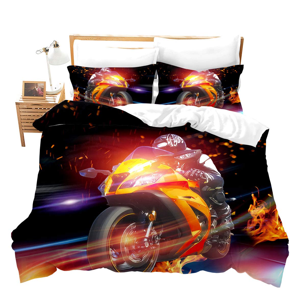 Loussiesd 3 Pcs Duvet Cover Set Super King Size for Men Teens Boys Kids Xtreme Sports Decorative Flame Racing Motorcycle Quilt Cover with 2 Pillowcases Soft Microfiber Zipper 3 Pcs Cool