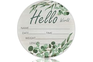 CLHHM Hello World Olive Branch Newborn Sign - 6" Round Birch Wood Baby Name Plaque for Hospital, Nursery, Custom Keepsake Gift for New Mom