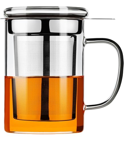 Grande Tasse Thé Céramique VICRAYS 473 Ml Avec Infuseur & Couvercle Feuille Bleu