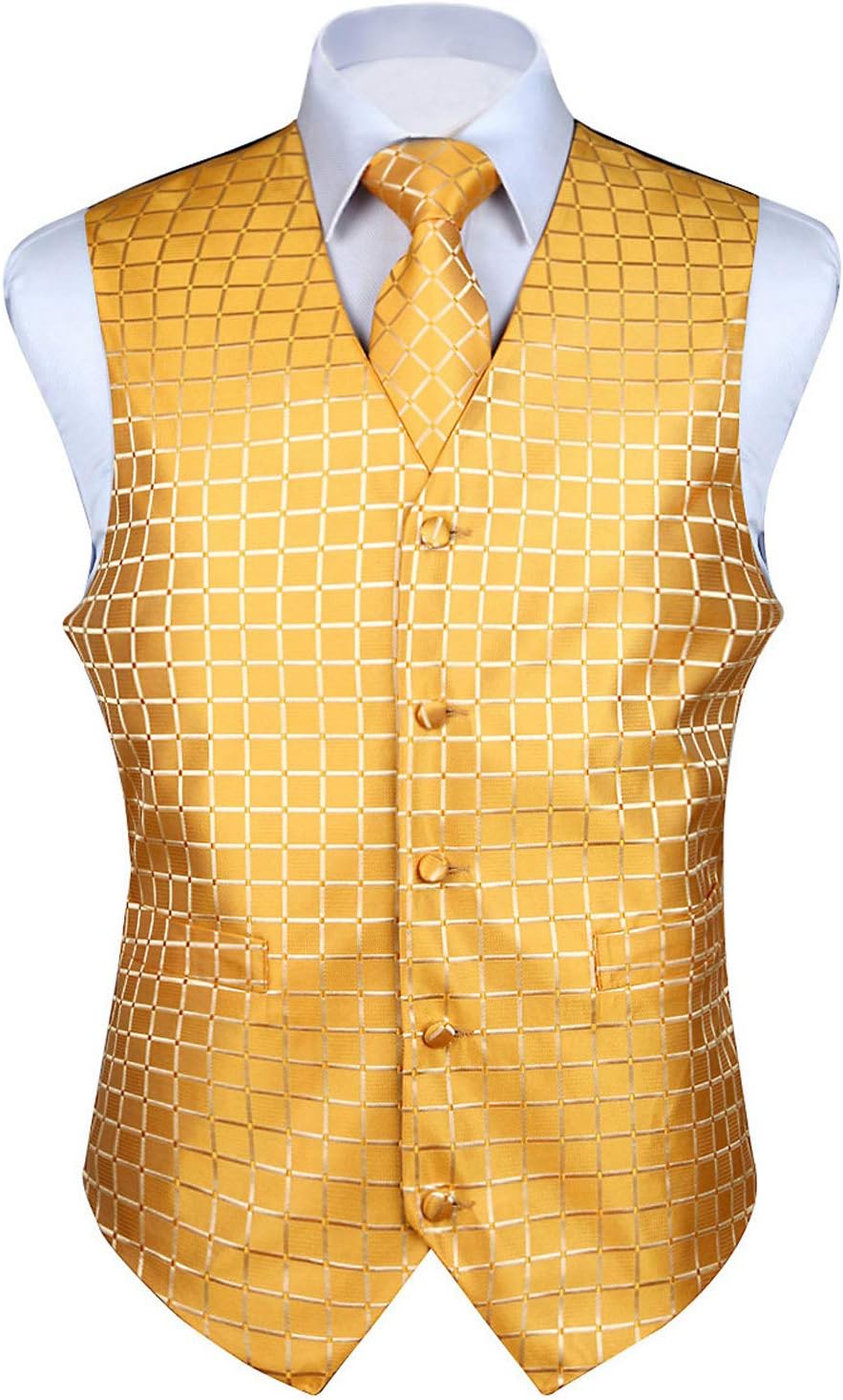 Classic Check Jacquard Men's Waistcoat Necktie Pocket Square Solid Color Vest Suit Set