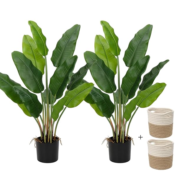 HOLLYONE 2PCS LARGE ARTIFICIAL BIRD OF PARADISE PLANT IN POT, 30″ FAKE PALM TROPICAL FERNS POTTED PLANTS, 2.6FT FAUX PLANTAIN BANANA LEAF PLANT FOR INDOOR OUTDOOR HOME GARDEN DECORATION