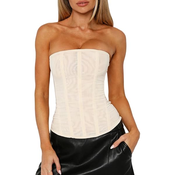 Luckinbaby Women Y2k Strapless Bustier Corset Back Zip Mesh Boned