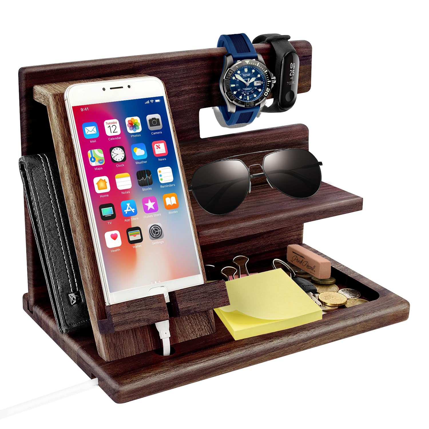 1STKER Gifts for Men - Wood Phone Docking Station Mens Gifts for Christmas Boyfriend Anniversary Birthday for Him Bedside Organiser Nightstand Key Wallet Stand Xmas Presents for Dad Husband