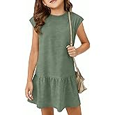 ZDC Girls Cap Sleeve Spring Summer Dress Kid Casual Ruffle Beach Midi Crewneck Loose Dresses 5-14 Years