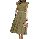 Simplee Womens Boho Maxi Dress Flutter Sleeve Summer Casual Smocked Waist A Line Flowy Tiered Dress with Pockets