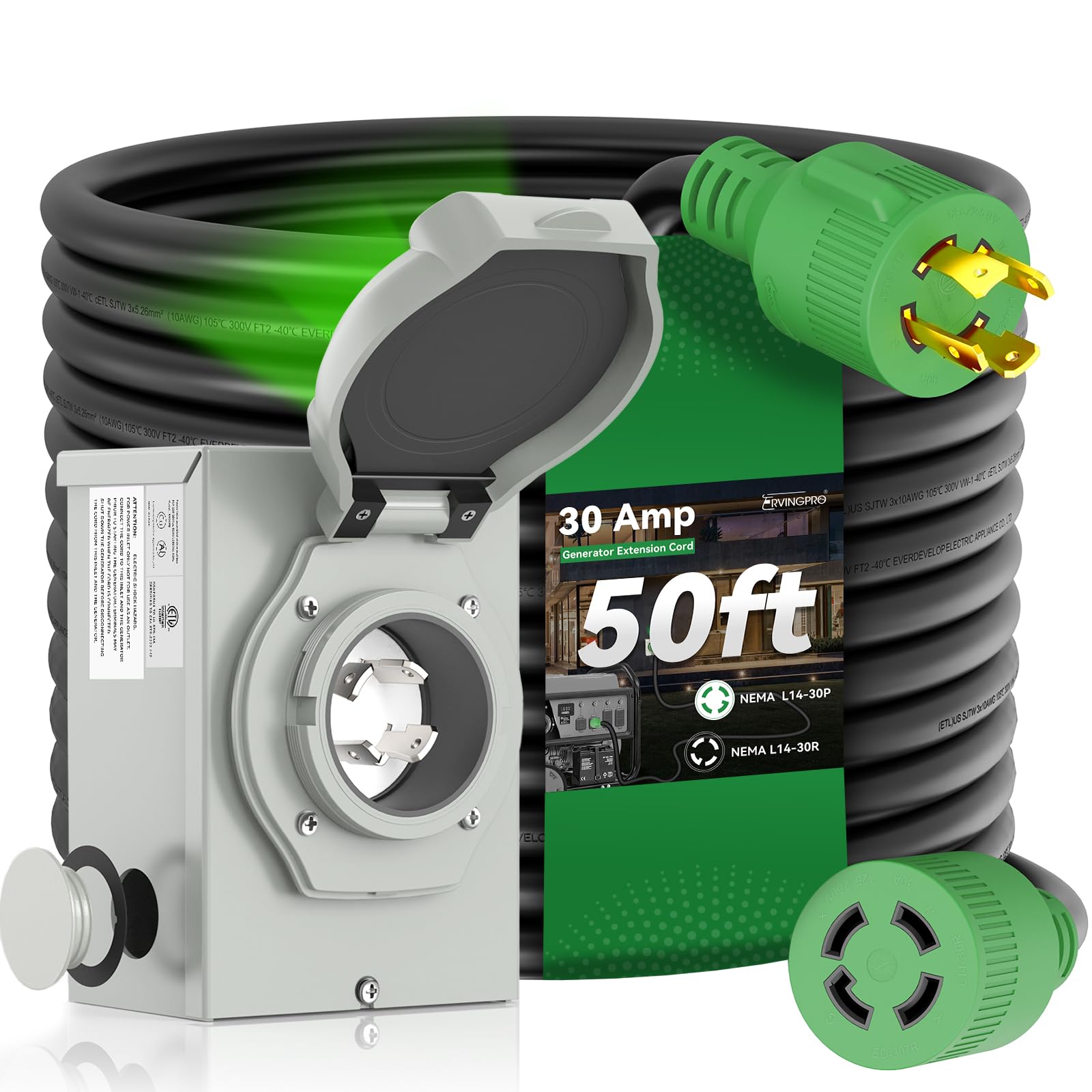 RVINGPRO 30 Amp Generator Cord 50FT and Power Inlet Box, Pre-Drilled 30 Amp Generator Inlet Box with Cord, NEMA L14-30P to L14-30R Generator Cord Waterproof Combo Kit, ETL Listed Image