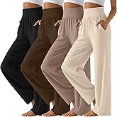 Neer 4 Pack Women's Wide Leg Yoga Pants, High Waist Casual Soft Sweatpants Loose Comfy Lounge Trousers with Pockets(Black, Khaki, Dark Brown, Cream,X-Large)
