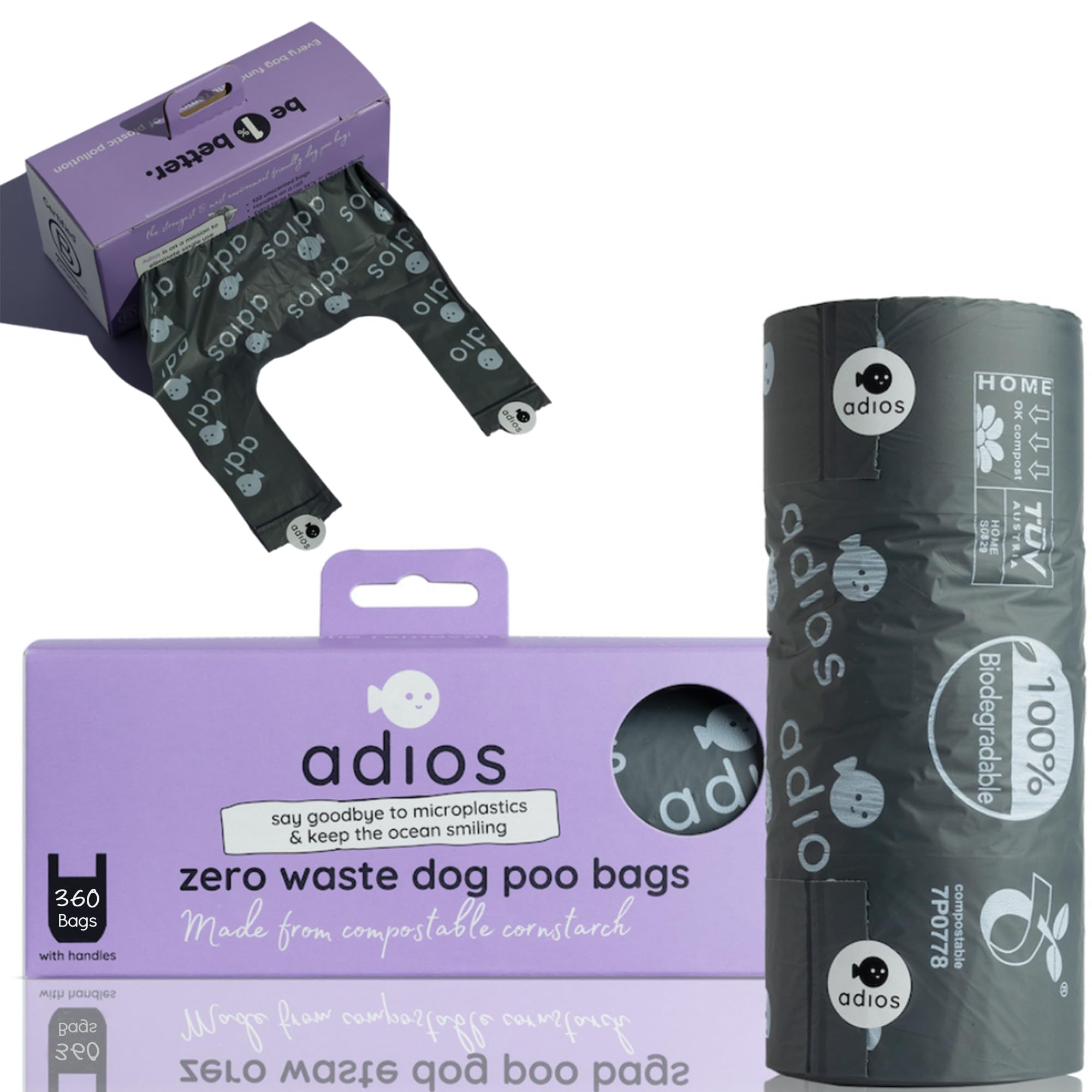 Adios Plastic - Compostable Jumbo Dog Poop Bags with Handles, 360 Count (3 Jumbo Rolls) - Grey - Extra Thick, Leakproof, Odour Proof Dog Waste Bags - Made from Compostable Cornstarch - Easy Tear Rolls