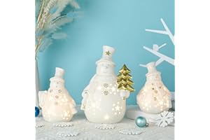 Domensi 3 Pcs Lighted Ceramic Snowman Decor White Porcelain Snowman Figurines with Lights for Christmas Table Centerpiece Mantel Tabletop Fireplace Xmas Holiday Winter Home Decor