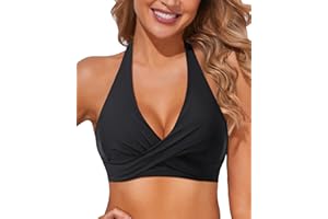 Holipick Women Halter Bikini Tops Push Up Bathing Suit Top V Neck Full Coverage Swimsuit Top Only