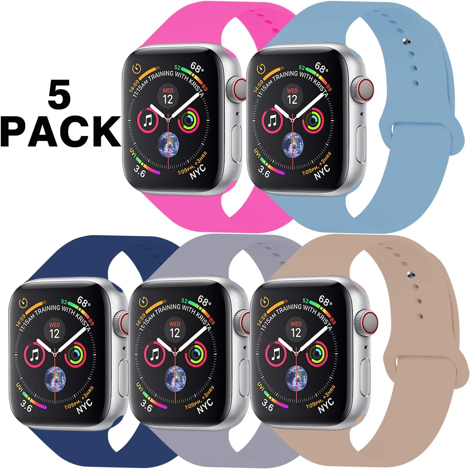 GZ GZHISY Pack 5 Sport Bands Compatible for Apple Watch Band 38mm 40mm 42mm 44mm, Soft Silicone Band Sport Strap Compatible for iWatch Series 5/4/3/2/1