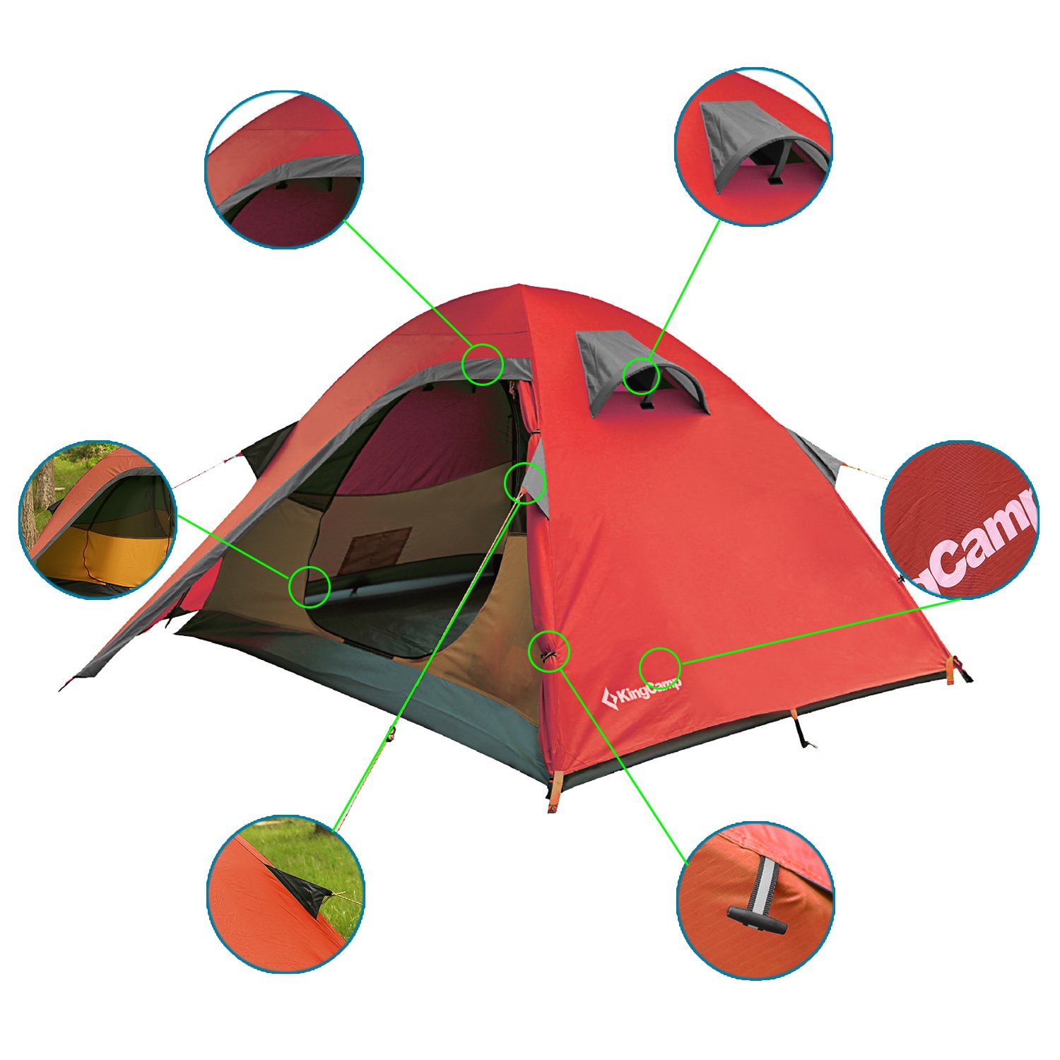 KingCamp Double Layer 2 Person Portable Water Resistant 5000mm Backpacking Tent (Orange)