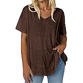 Tankaneo Womens Oversized Tshirts Knit V Neck Short Sleeve Tunic Tops Summer Casual Loose Fit Tee Shirts