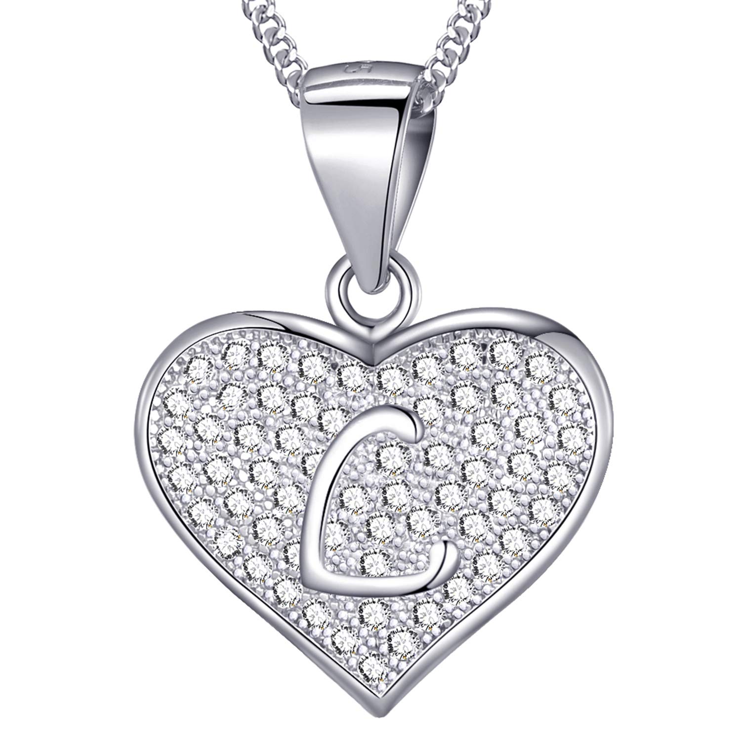 MASADA 925 Sterling Silver Heart Letter Necklace - Initial Pendant with Zircon Stones - Letter L - Personalised Alphabet, Teens & Girls - 46 cm - 18 inch Chain in Velvet Bag