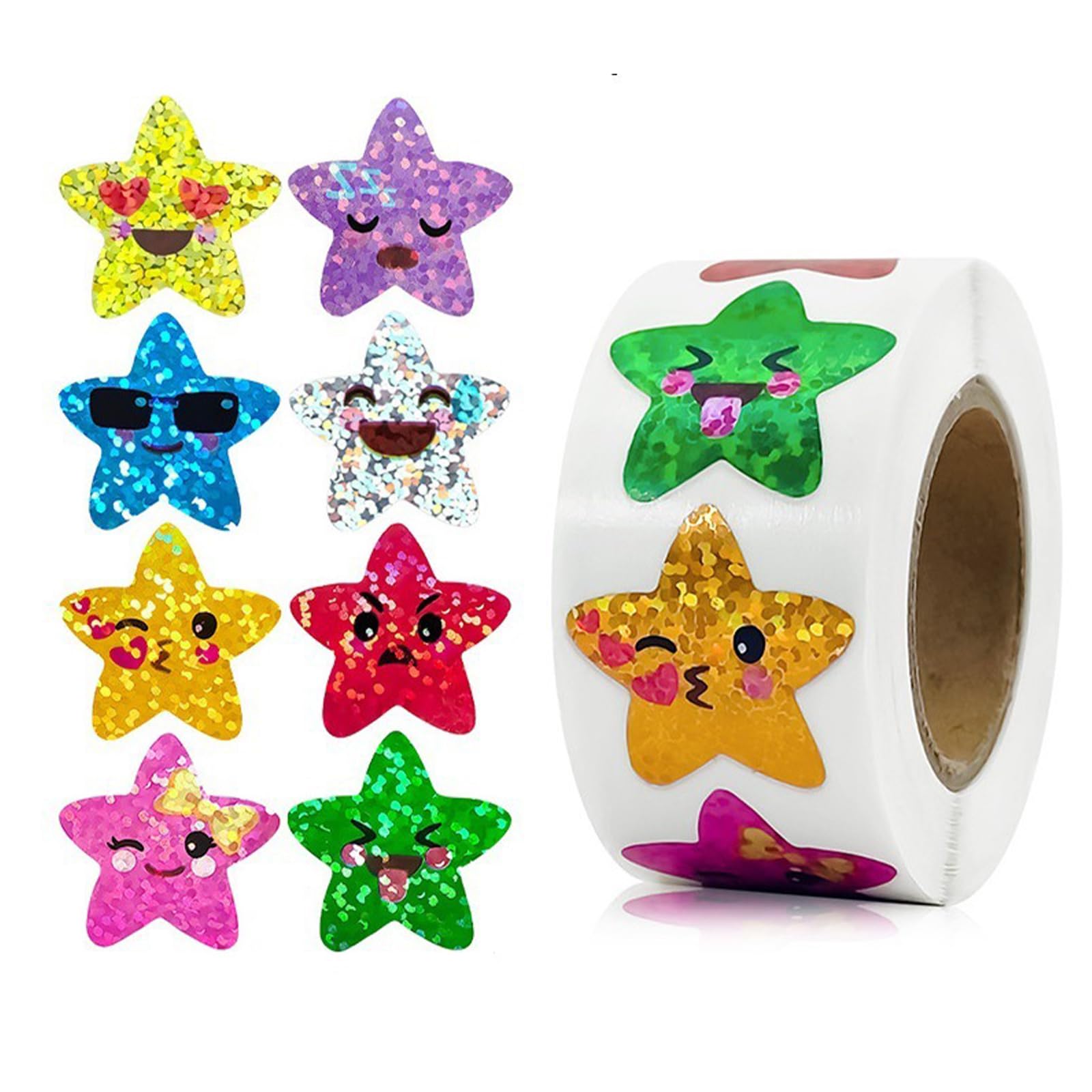 500 Pcs Glitter Smiling Star Stickers Roll, Sparkly Star Sticker Shiny Star Stickers for Children Students Teachers Classroom, Self Adhesive Reward Stickers Motivational Smiley face Star Stickers