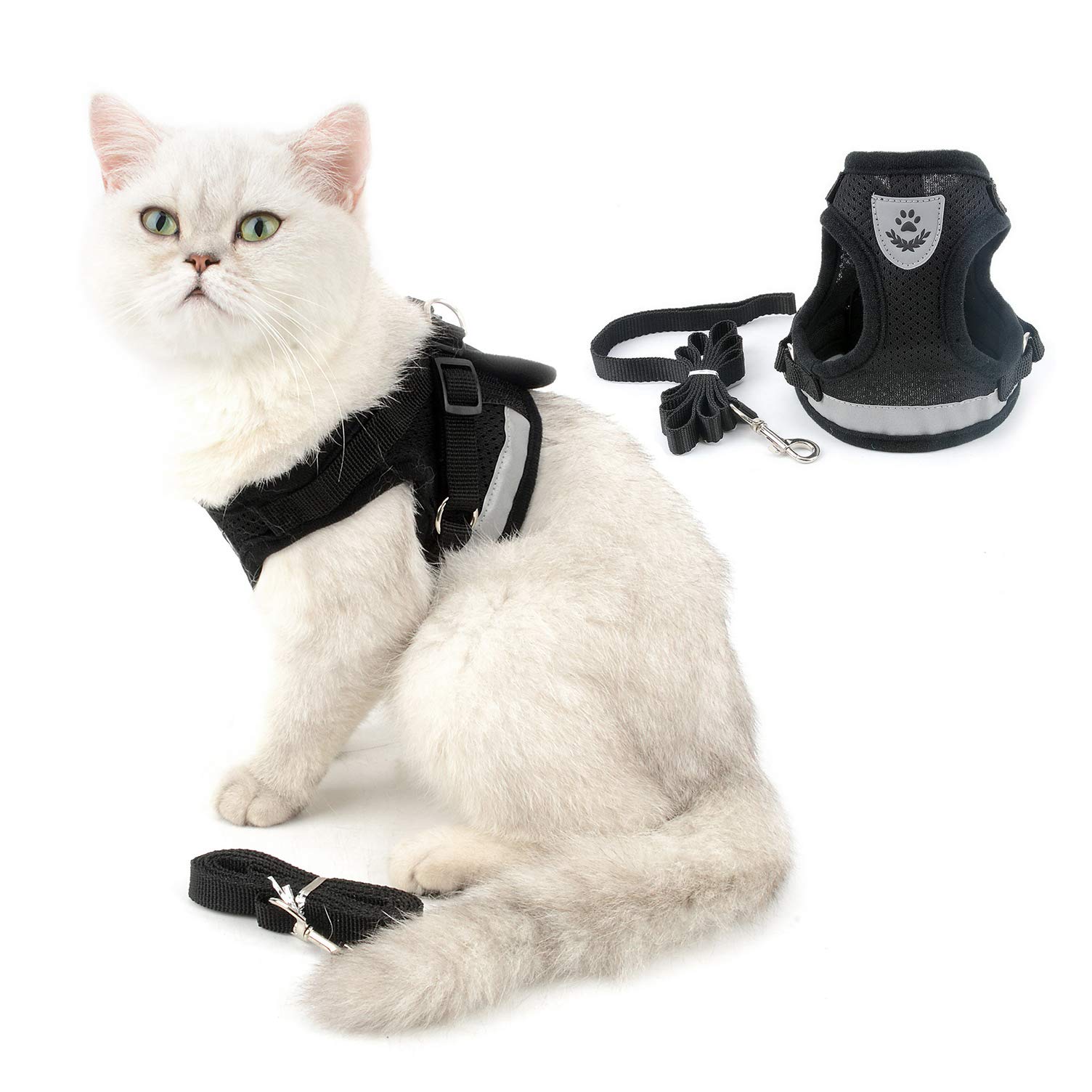 Cat Harness and Lead Set Escape Proof Adjustable Vest No Pull Reflective Walking Jackets Breathable Small dog Step In Harness Soft Mesh Padded for Puppy Kitten Black M