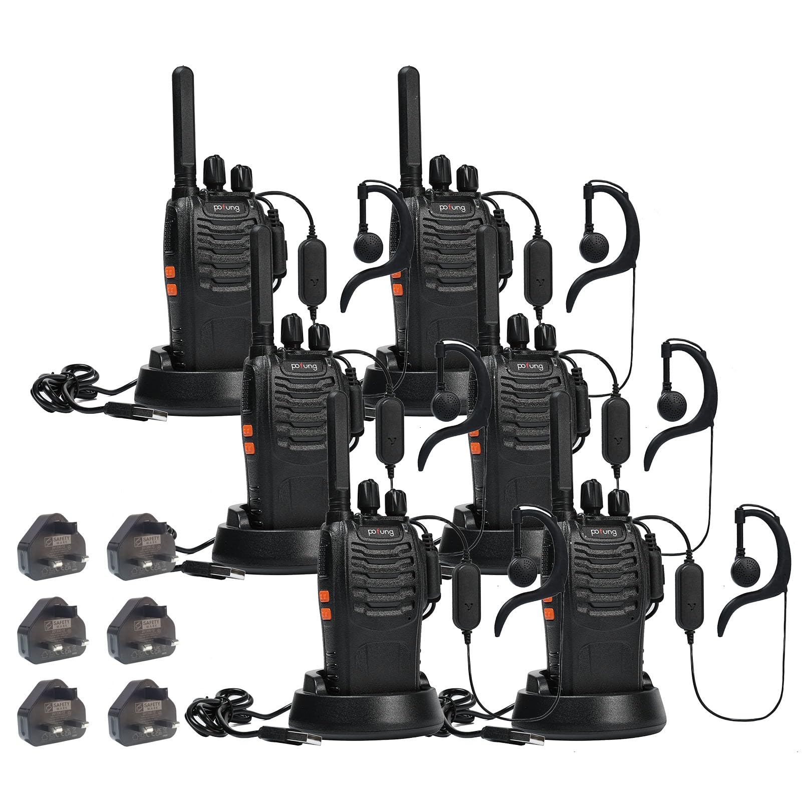 PMR446 Walkie Talkies License Free Handheld Two Way Radio pofung PT88E Long Range Walkie Talkie with 16 Channels Scan Earpieces Flashlight for Camping Warehouse Security Church School (Black 6 Pack)