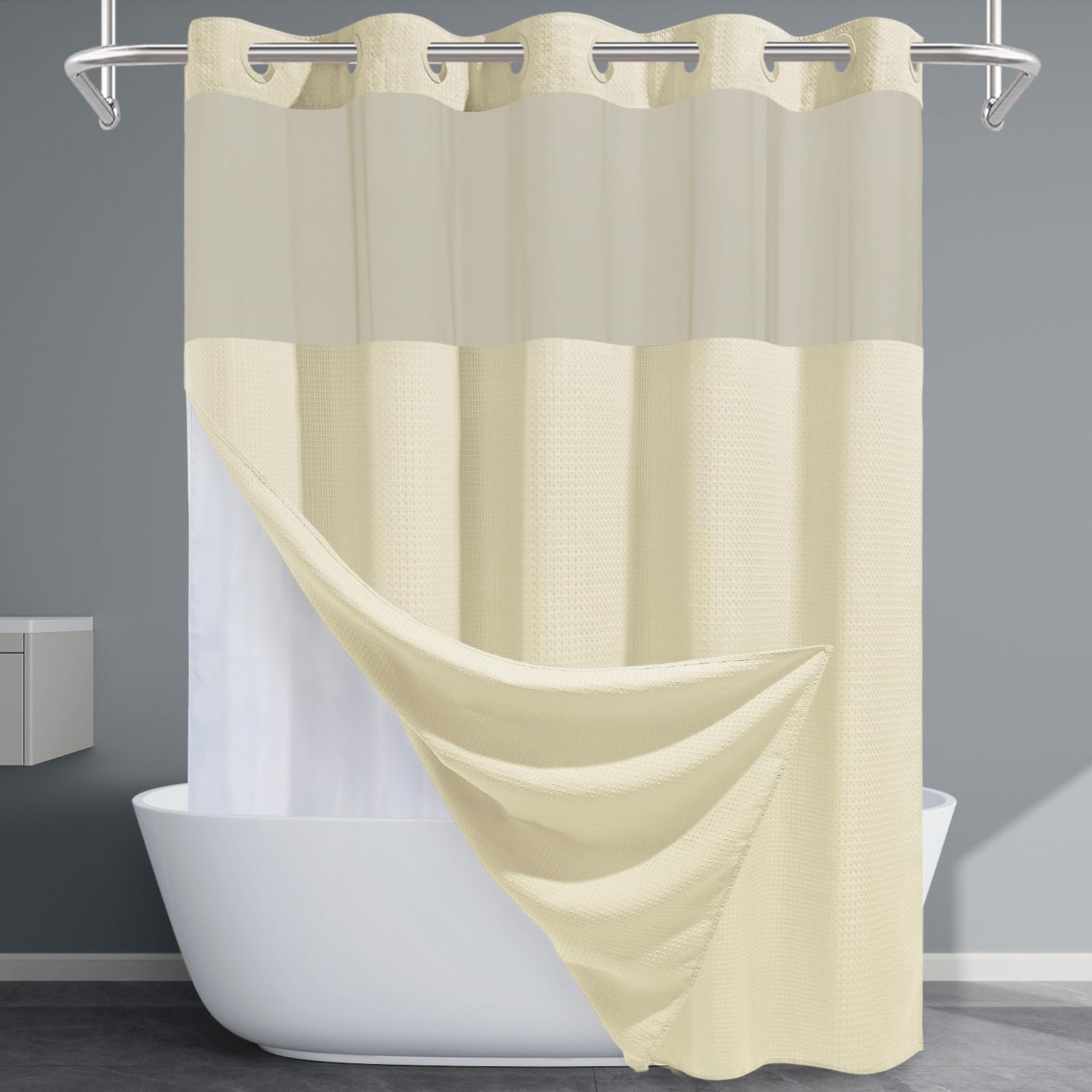 EUTXL Ivory Long Hotel Shower Curtain with Detachable Liner - 230GSM Waffle Textured,Hotel Grade,Spa Like Bath Curtain,71W x 86H Image