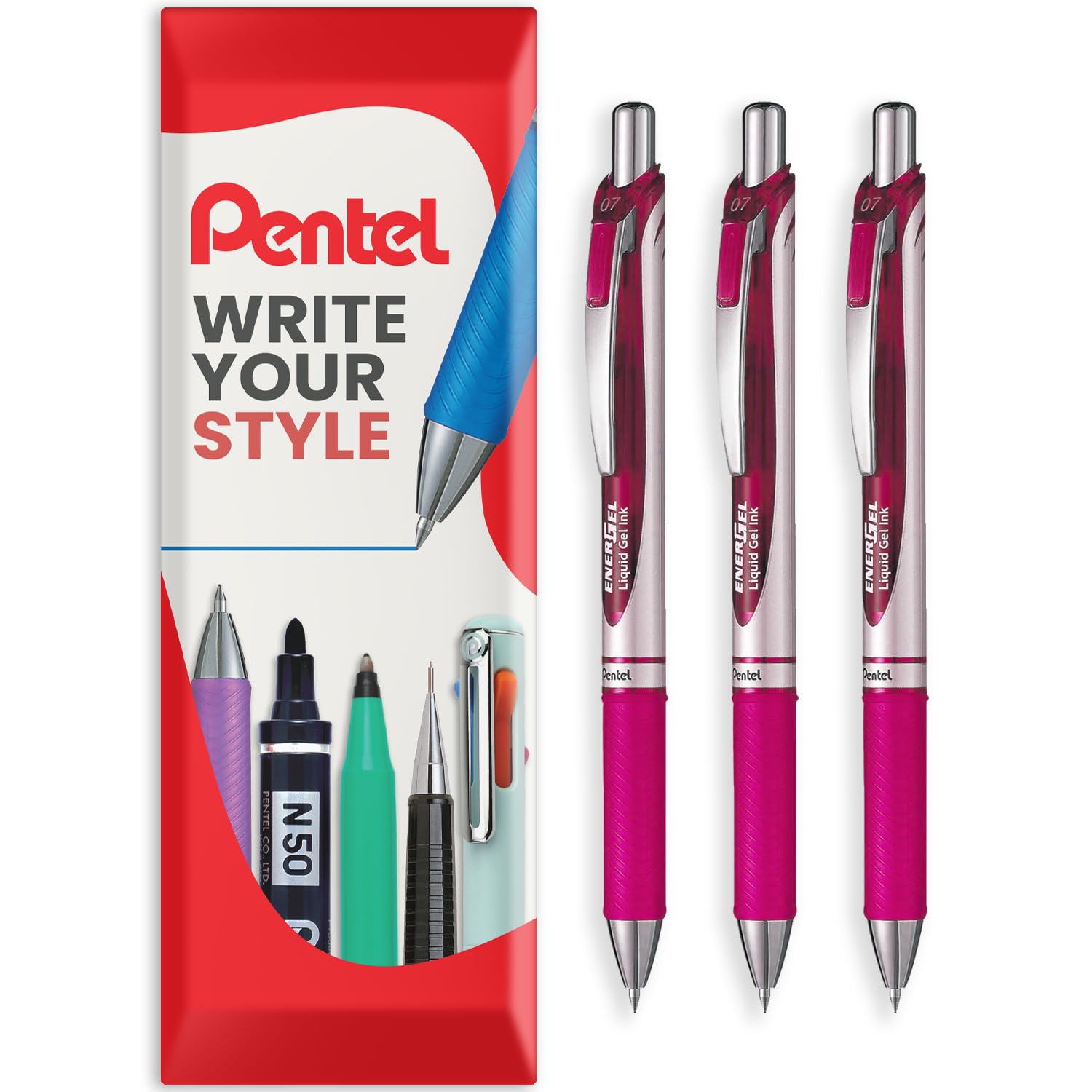 Pentel EnerGel XM BL77 - Retractable Liquid Gel Ink Pen - 0.7mm - 54% Recycled - In Envelope Gift Packaging - Pack of 3 - Pink