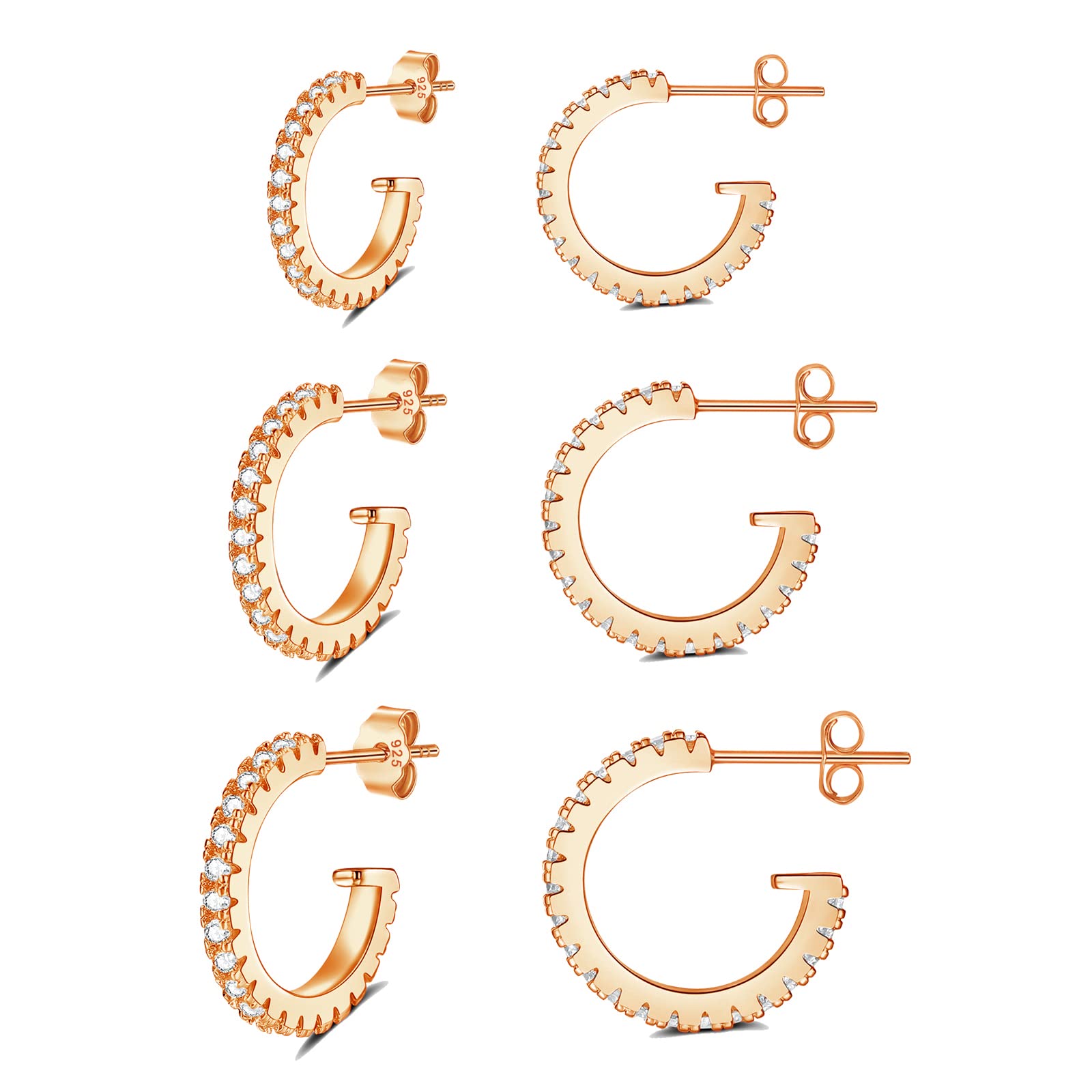 wynn's Sterling Silver Hoop Earrings, C Shape Half Open Cubic Zirconia Hoop Earring, Silver Stud Earrings, Tiny Cartilage Huggie Studs Sleeper Piercing Earring for Women Girls, Rose Gold Earrings Set