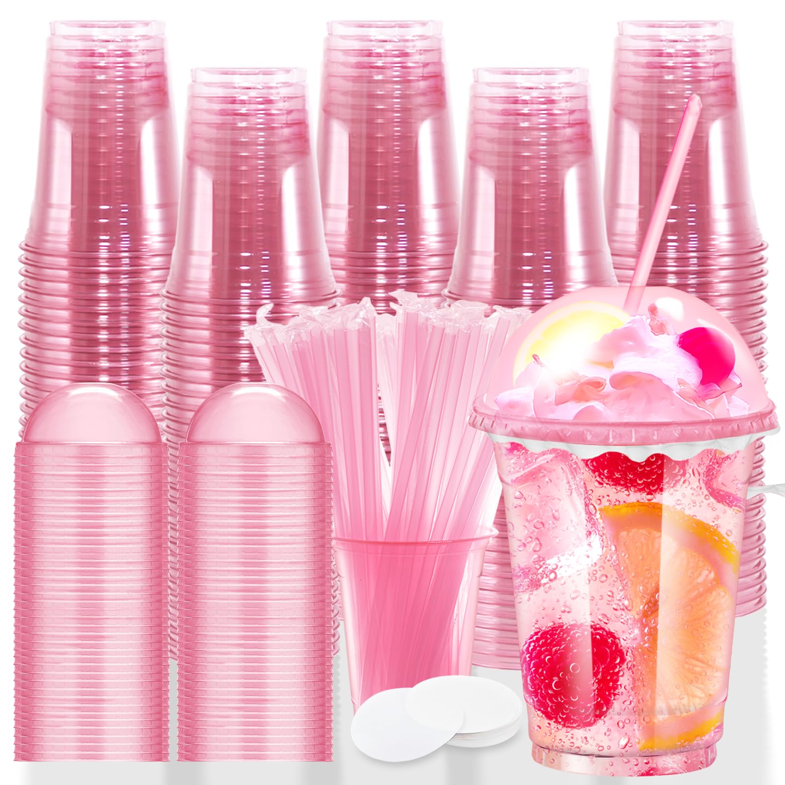 Photo 1 of 12oz Disposable Stemless Glasses With Dome Lids and Straws,PET Solo Disposable Cups ,Party Clear Plastic Wine Glasses for Parties Birthday,Wedding,Meeting,Christmas Party Supplies. (100, Pink)