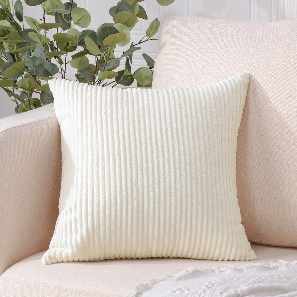 Photo 1 of Artscope Cozy Striped Corduroy Pillow Covers Super Soft Decorative Square Throw Pillow Covers Case Cushion Covers for Sofa Couch Bedroom Car Decor 16 x 16 Inches, Cream White