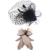 Feather Veil Mesh Hat Lace Short Glove,50s Costume Accessories for Women Wedding,Fascinators for Women Tea Party,50s Vintage Hat Wedding Feather Veil Hair Clip,Headwear with Veil for Girls Women