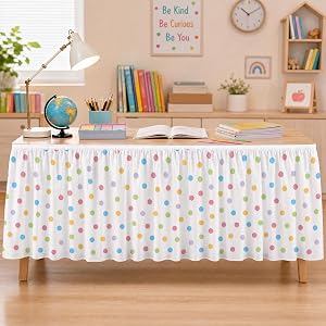 INCOK Table Skirt for Teacher - Desk Skirt with Polka Dots for Home Classroom, Desk Cover Decor for Birthday Back to School P
