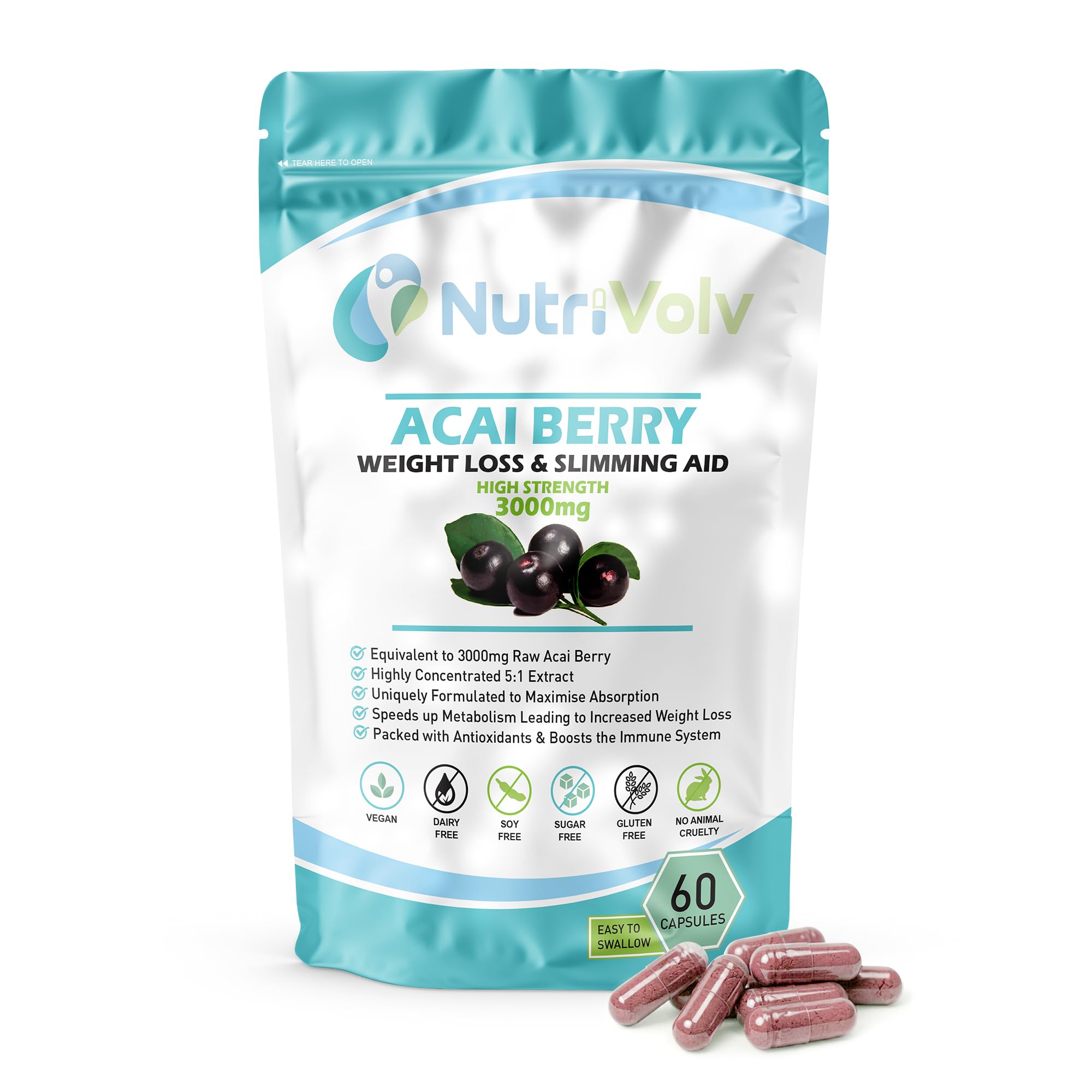 Acai Berry 3000mg Weight Loss Supplements | Slimming Aid | Diet | Fat Burner | 60 Capsules