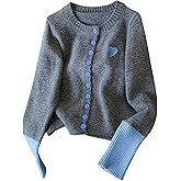 MakeMeChic Women's Fall Cute Button Cardigans Heart Embroidery Crew Neck Long Sleeve Knit Sweater