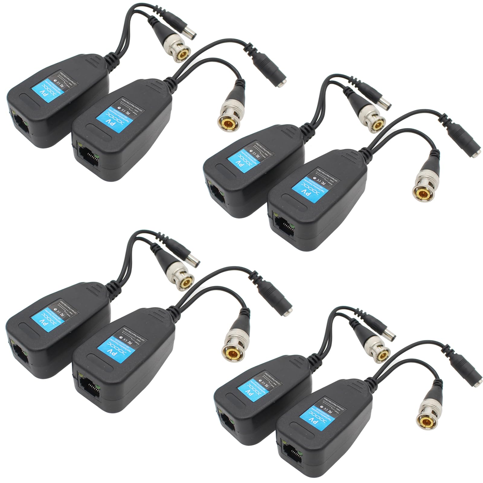 Vedio Balun Cat5 RJ45 to BNC Vedio Baluns transciver Passive 4 Pairs with DC Power Connector for 720P 1080P 3MP 4MP 5MP 8MP HD-CVI/TVI/AHD/CVBS/960H Camera System