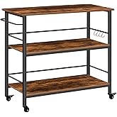 HOOBRO Kitchen Island with Storage, Industrial Kitchen Counter with Hooks and Side Enclosures, 3 Tier Kitchen Cart with Large Workstation, Saving Space, Easy Assembly, Rustic Brown and Black BF03ZD01
