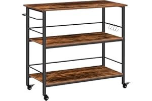 HOOBRO Kitchen Island with Storage,Industrial Kitchen Counter with Hooks and Side Enclosures, 3 Tier Kitchen Cart with Large 