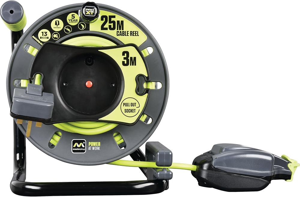 Masterplug Pro-XT Reverse Open Cable Reel 25m IP54 Socket 3m Lead Green