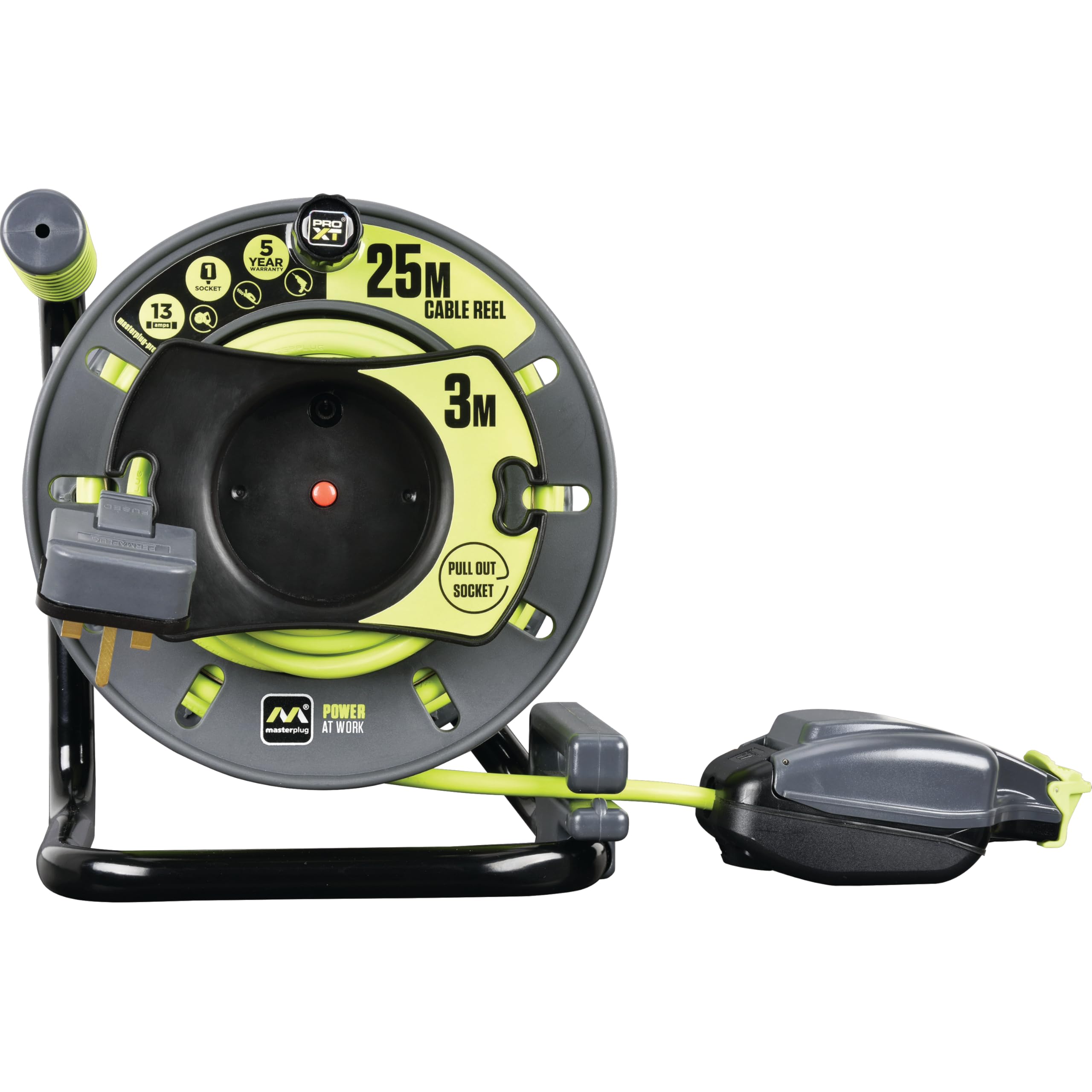 Masterplug OMU2513FL3IP-PX Pro-XT Reverse Open Cable Reel with Single In-Line Weatherproof Socket, 25 Metres with 3 Metres Reverse High Visibility Cable, Green