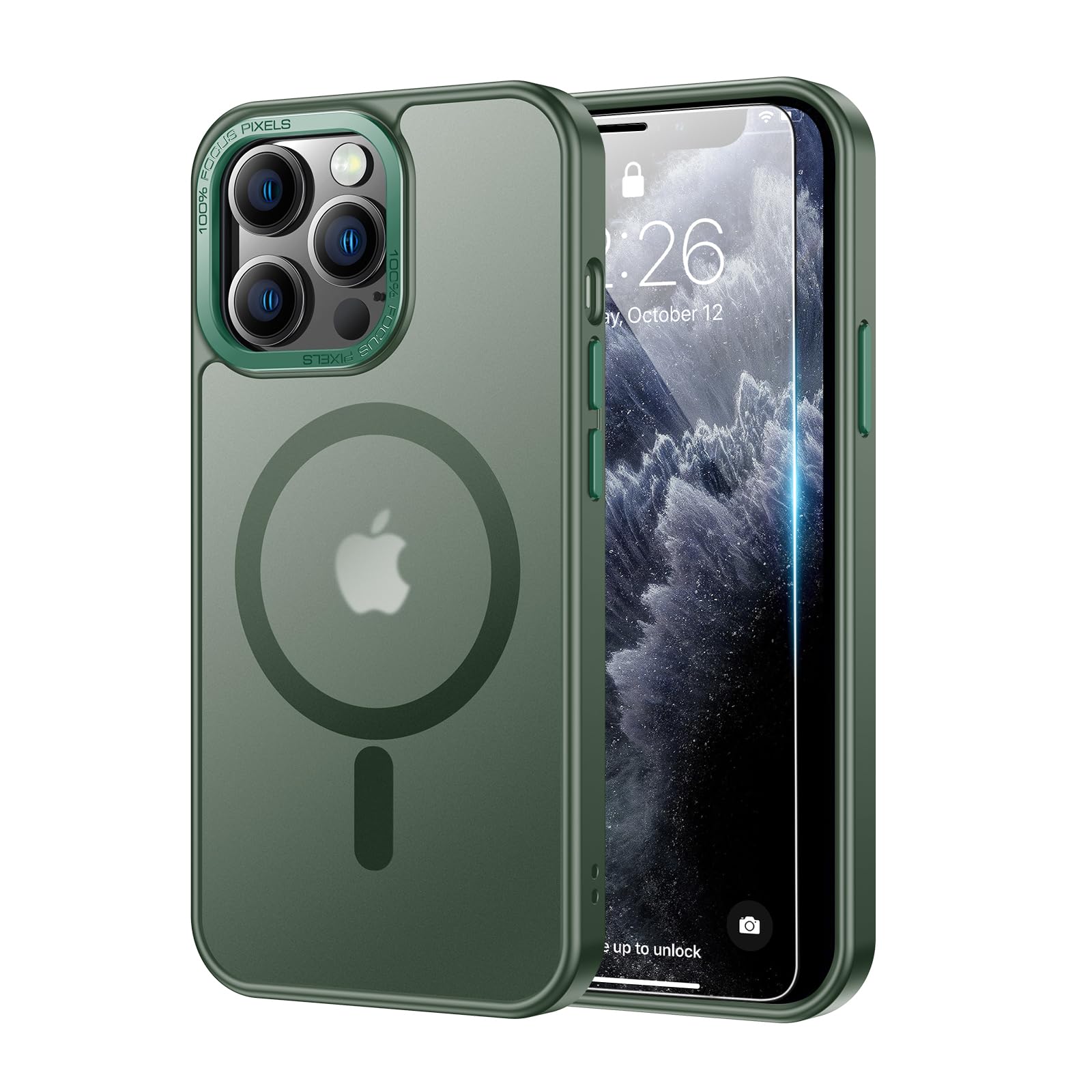 Photo 1 of LUHOURI Enhanced Magnetic for iPhone 13 Pro Max Case with Screen Protector - Wireless Charging Compatible, 21ft Military-Grade Drop Tested, Slim Fit Shockproof Translucent Matte Cover - Pine Green