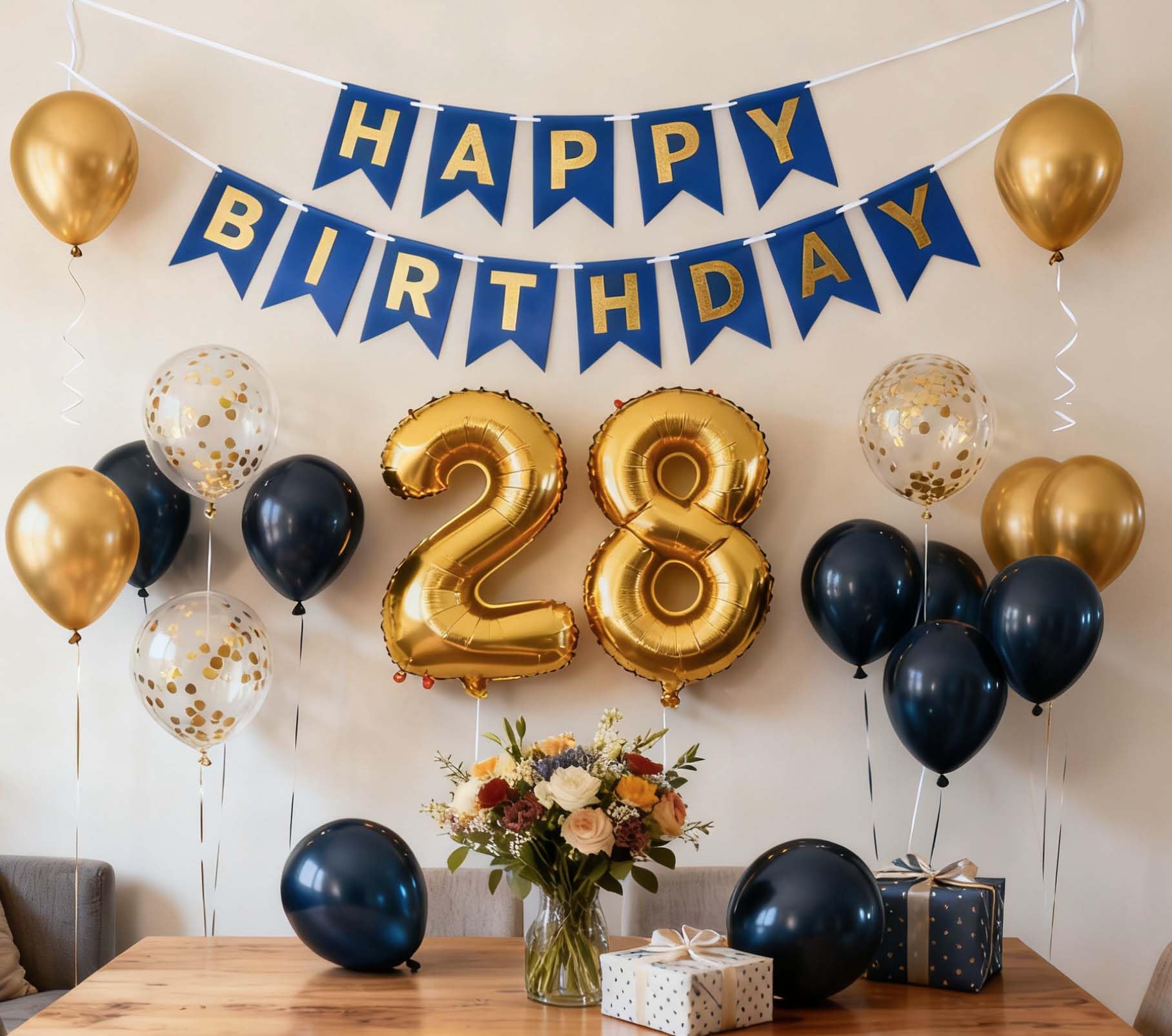 Photo 1 of 28th Birthday Decoration for Men, Navy Blue Gold 28th Party Balloons Supplies, 28th Happy Birthday Banner Number 28 Foil Metallic Confetti Balloons for Men Him Women Her 28th Birthday Party(28th)