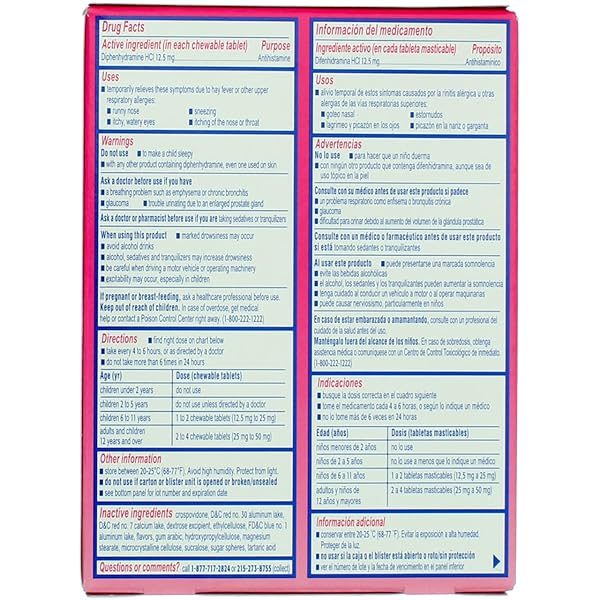 BENADRYL CHILDREN’S ALLERGY MEDICINE CHEWABLES WITH DIPHENHYDRAMINE HCL, CHEWABLE KIDS’ ANTIHISTAMINE TABLETS FOR RELIEF OF ALLERGY SYMPTOMS LIKE SNEEZING & ITCHY EYES, GRAPE FLAVOR, 20 CT