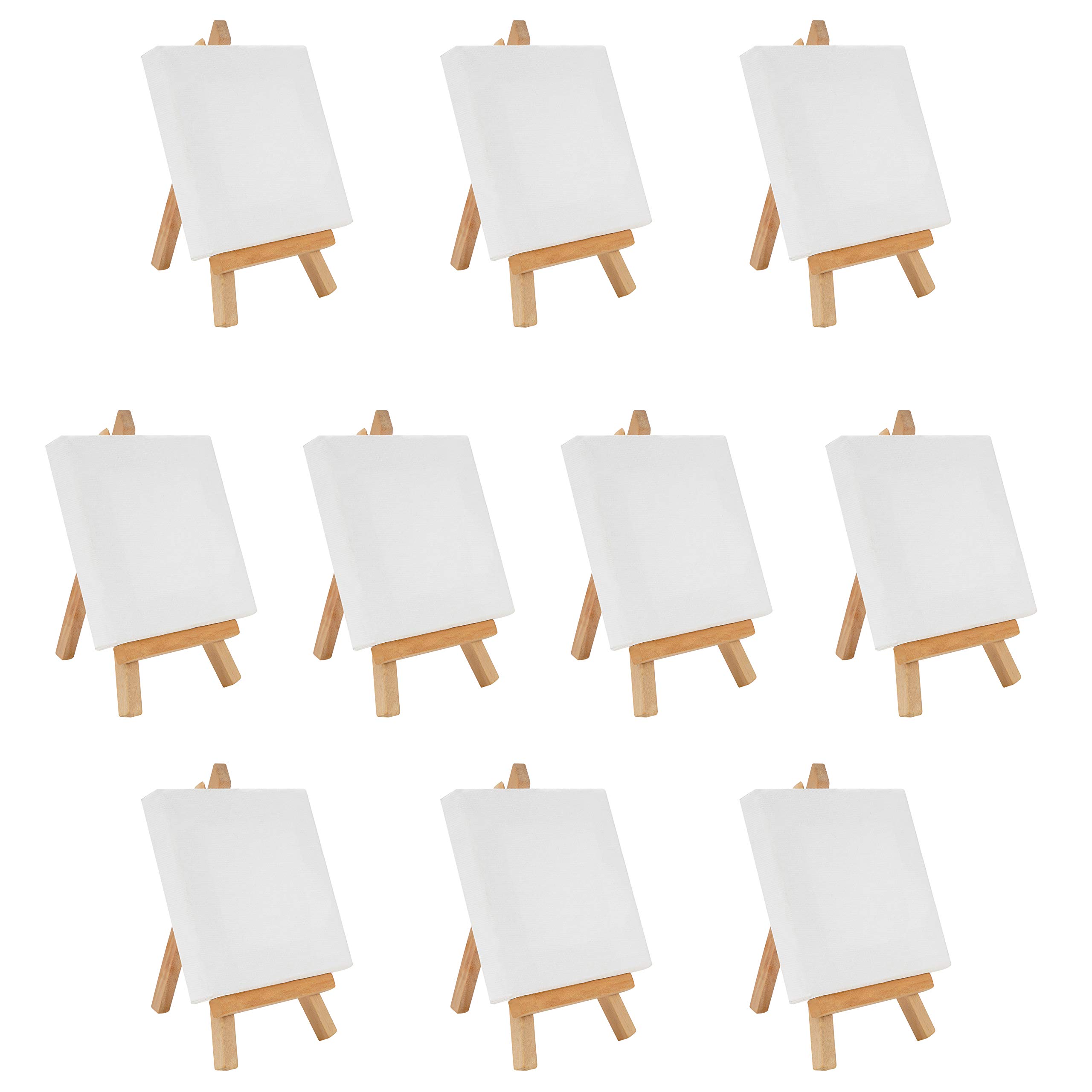 Belle Vous Mini Art Canvas with Wooden Easel (10 Pack) - L10 x W10cm (3.93 x 3.93 inches) - Pre-Stretched and Primed Blank Canvas - Table Top Easels for Oil and Acrylic Painting & Drawing for Kids