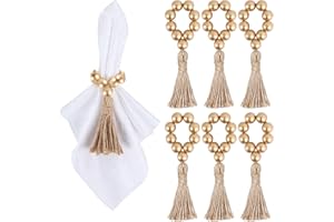 Meplait 6 Pieces Wooden Bead Napkin Rings, Farmhouse Stretchable Napkin Rings with Tassel Boho Napkin Rings for Dining Table,Wedding Decoration (Gold)