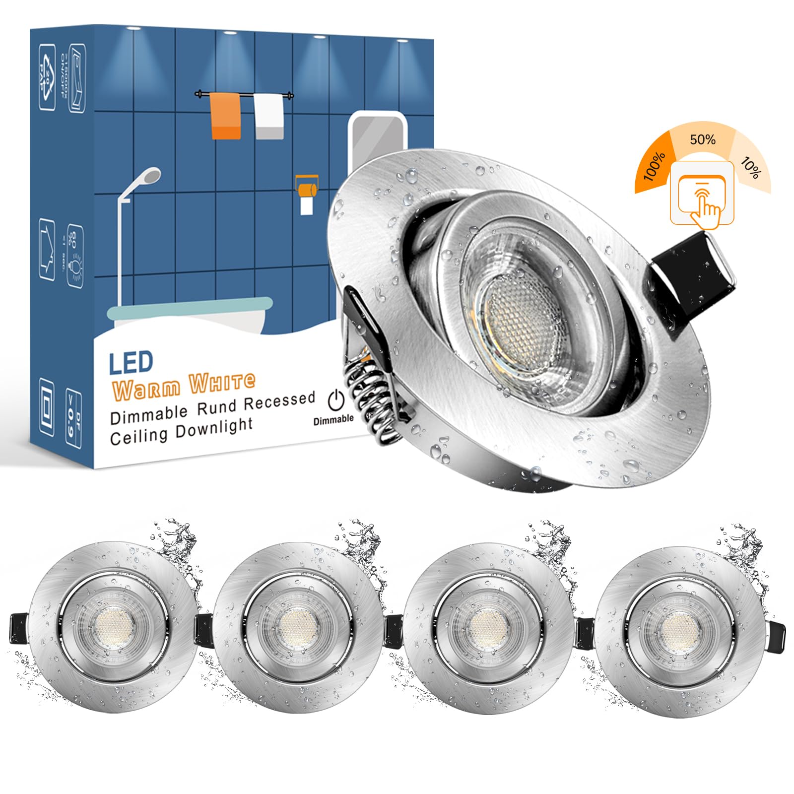 Wowatt Dimmable LED Recessed Ceiling Lights 5X 7W Warm White 2800K IP44 Bathroom Downlights for Ceiling 3 Brightness Level Spotlights 700LM 83Ra 230V 30° Rotate Living Bedroom Kitchen Nickel Pack of 5
