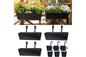 LOVOUS 3 Pcs 16 Inch Railing Planter and 6 Pcs 5 Inch Hanging Flower Pots with Detachable Hooks for Balcony Fence Garden Yard Patio Porch Home Decor,Black