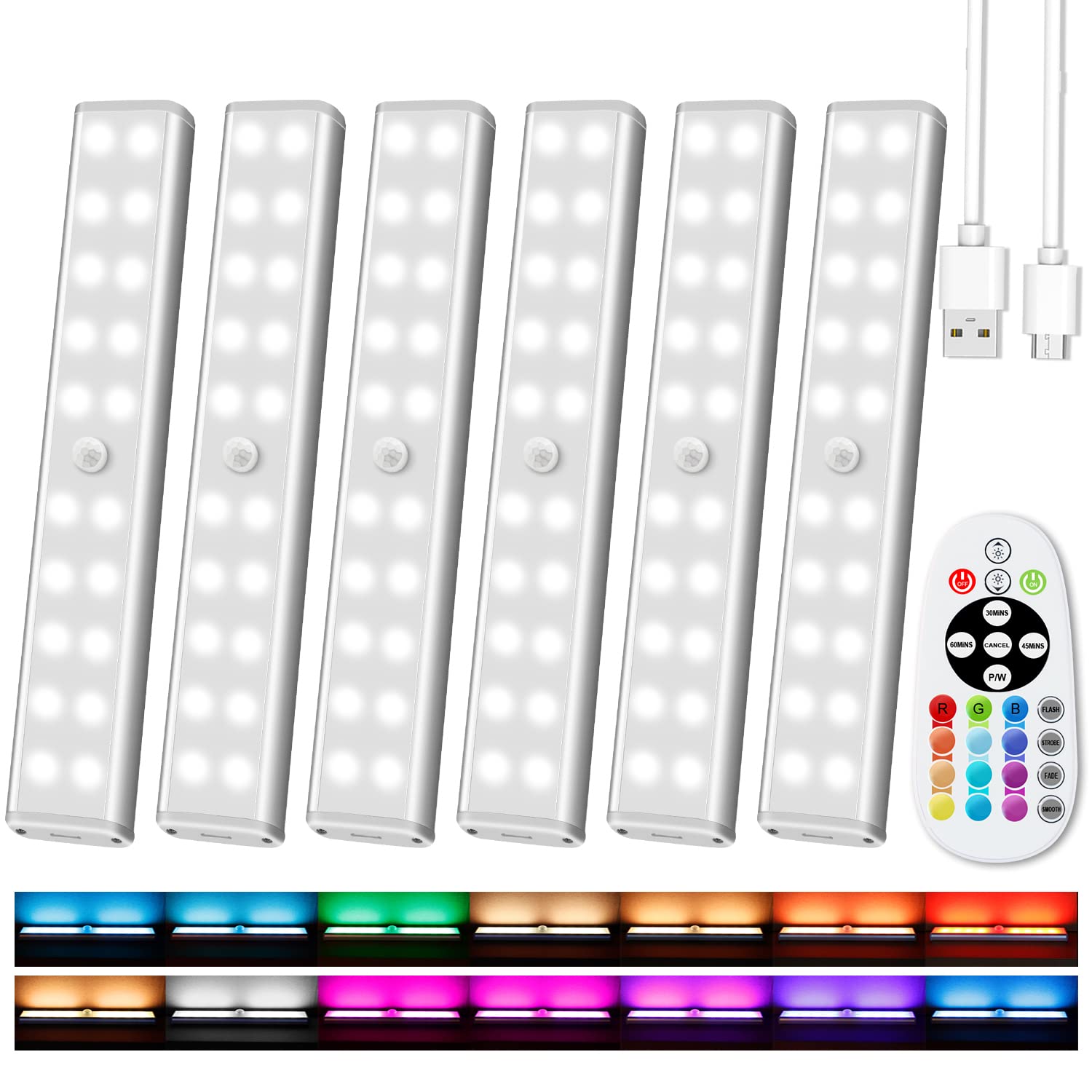 Photo 1 of Under Cabinet Lighting Wireless with Remote, 48 LED Rechargeable Under Cabinet Lights, Kitchen Counter Lights Dimmable LED Closet Lights RGB Bar for Shelf, Car, Hallway, 15 Color Changing, 6 Pack