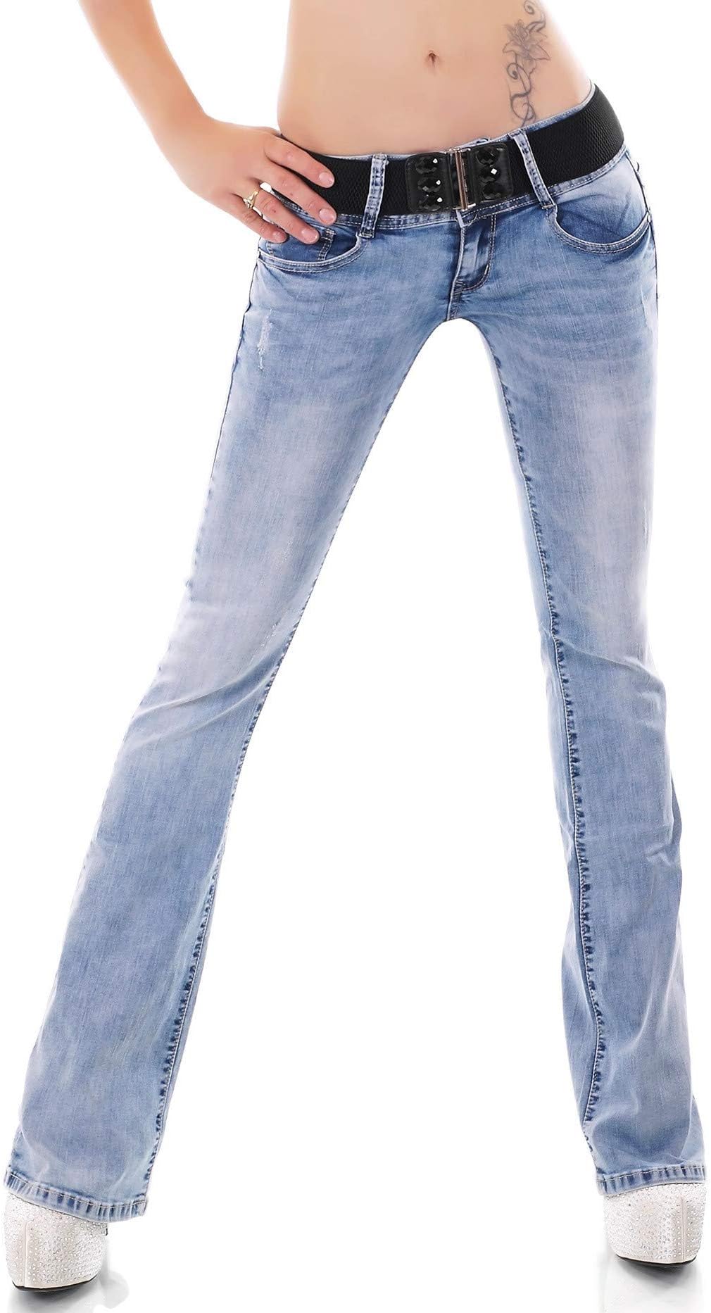 RED SEVENTY Quality Women's Stretchy Blue Hipster Boot-Cut Jeans + Belt. Sizes UK 6-14