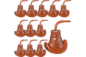 Gerrii 12 Pcs Cowboy Hat Party Cups Cowgirl Hat Cups with Straw and Lids 10 oz Plastic Cowboy Party Cups for Western Themed Party Rodeo Party Favors Supplies Decorations (Brown)