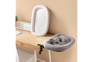 SOAKSEA Cat Desk Bed, Cat Desk Perch with 2 Replaceable Covers,90° Foldable Faux Fur Fabric Soft Cover, Steel Frame Supports 25 lbs, Removable & Washable, Grey-White