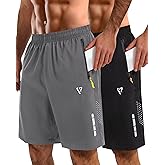 FIONECA 2 Pack Mens Athletic Shorts Quick Dry 7 Inch Running Shorts Breathable Mesh Gym Workout Shorts with Zipper Pockets