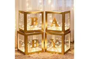 Lovelite Baby Boxes with Letters for Baby Shower, 4 Clear Baby Balloon Boxes with LED Fairy String Lights for Gender Reveal Decorations Boys Girls Birthday Wedding Party Backdrop, Gold